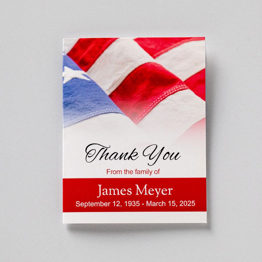 A memorial thank you card in an American flag design, reading Thank You from the family above the name and dates
