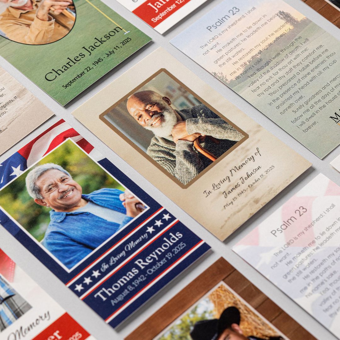 Memorial prayer cards and bookmarks arranged in rows, showing a range of designs from patriotic to floral to scriptural