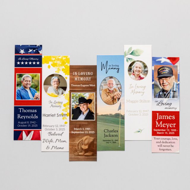 Six personalized memorial bookmarks in different designs, each with a photograph, name, and dates