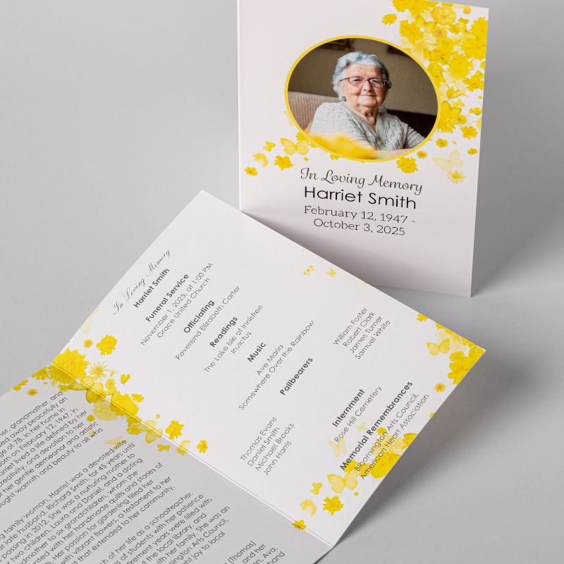A memorial service program in a yellow floral design, open to the order of service listing the officiant, readings, music, and pallbearers